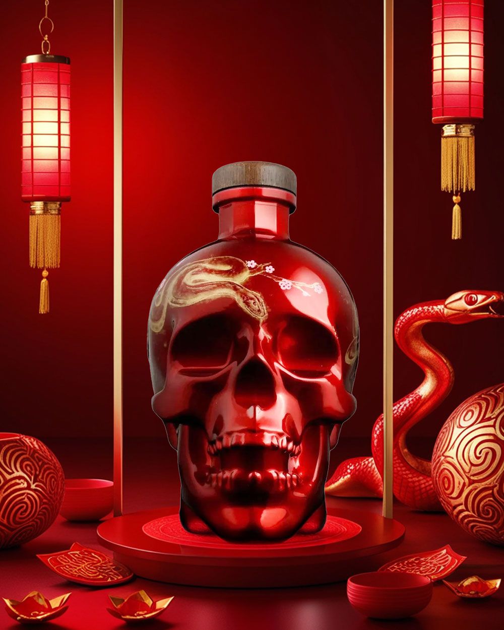 【響】空瓶超レア●レッドメダリオン●クリスタルキャップ●天面に向獅子(社章) Crystal Head Vodka Lunar New Year Snake 2025 Limited Edition
